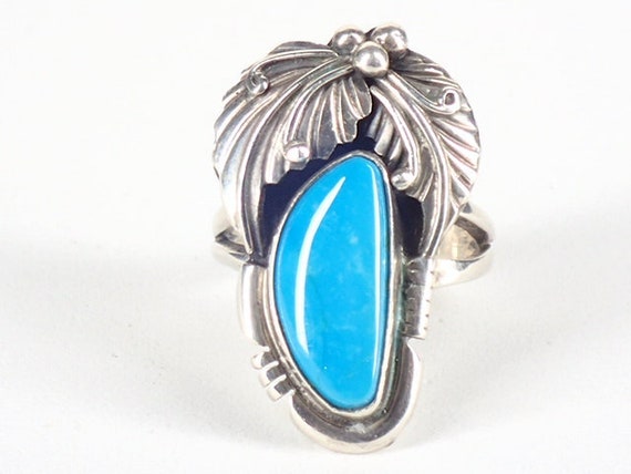 Intricate Vintage Native American Navajo Turquoise Sterling Silver Leaf Ring Old Intricate Vintage Native American Navajo Turquoise Sterling Silver Leaf Ring Old