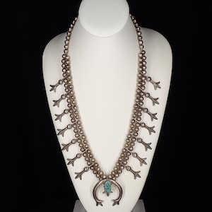 Old Vintage Navajo Necklace Sandcast Silver Squash Blossom Naja Turquoise Stone Circa 1940-50s
