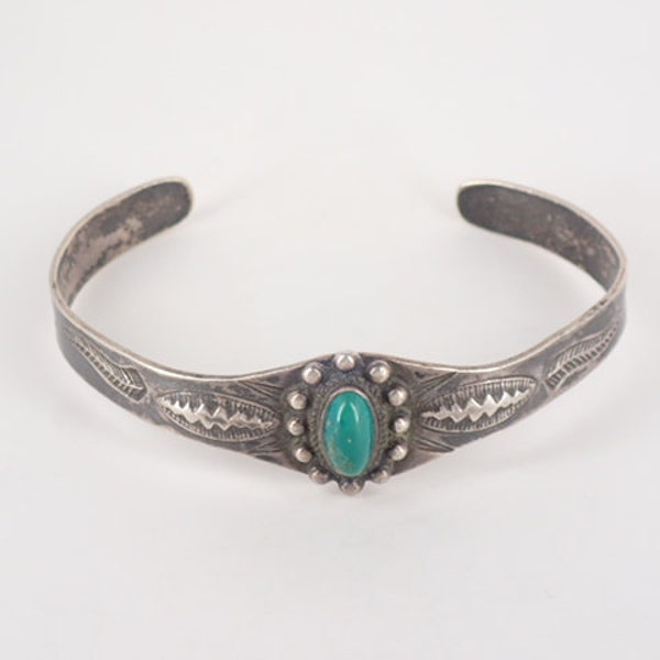 Vintage Old Fred Harvey Era Bracelet Sterling Silver with Green Turquoise Native American