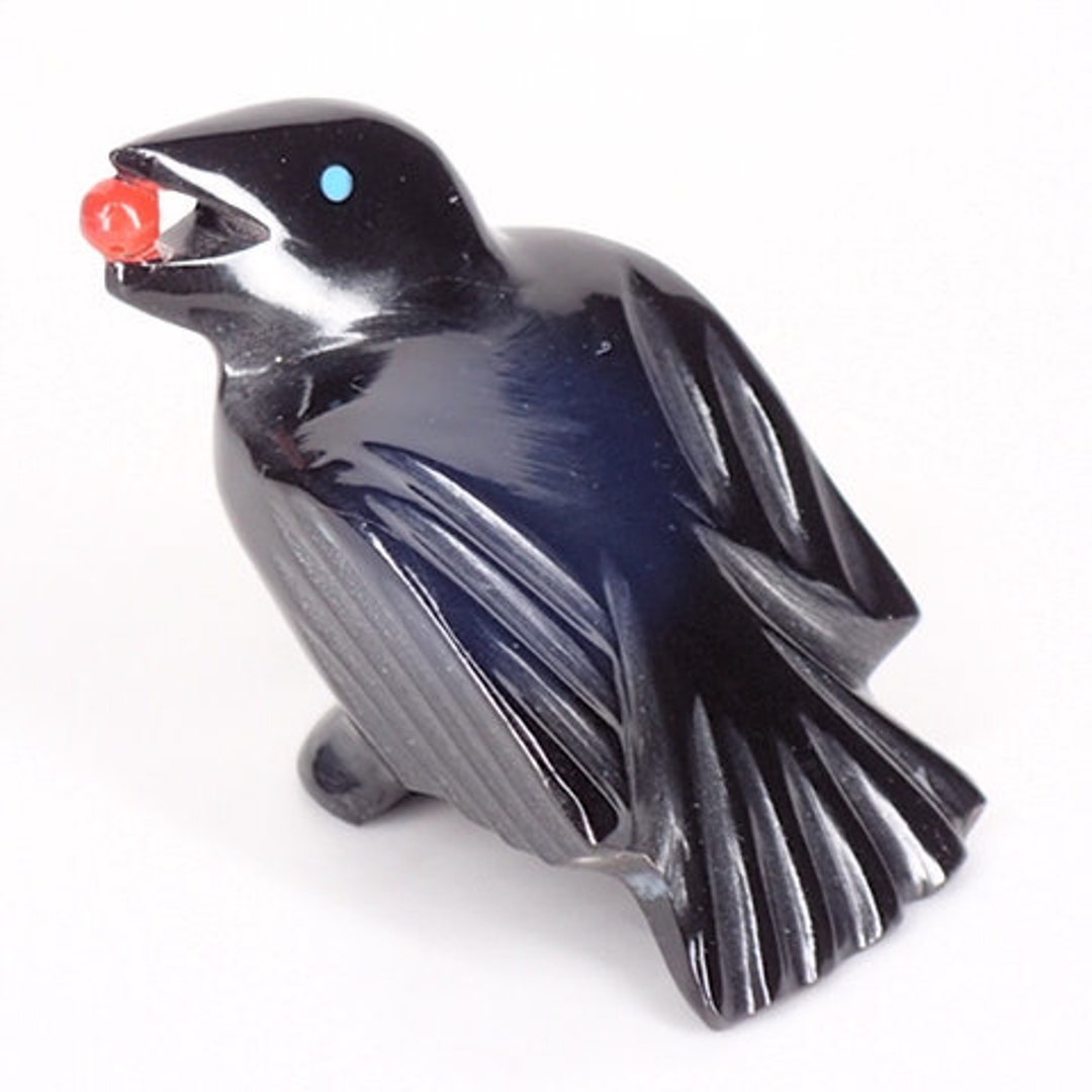 Zuni Fetishes Raven Fetish Carving Black Marble Crow 2 With Red Bead ...