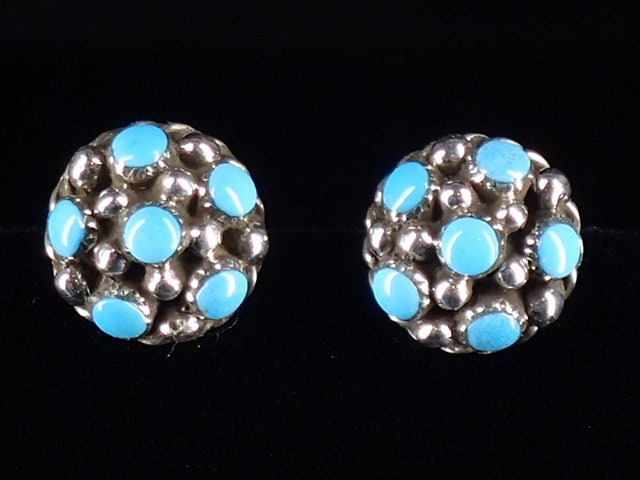 New! Zuni Jewelry Inlaid Turquoise Sterling Silver Round Stud Earrings Push Backs by Darlene Weebothee