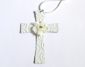 Cross Ornament - White Cross Wall Decor - Easter Cross -  Upcycled Metal Ornament - Eco Friendly Recycled Metal Cross