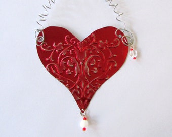 Red Heart Ornament - Recycled Metal Ornament - Heart Wall Decor - Valentine Heart - Eco Friendly Ornament