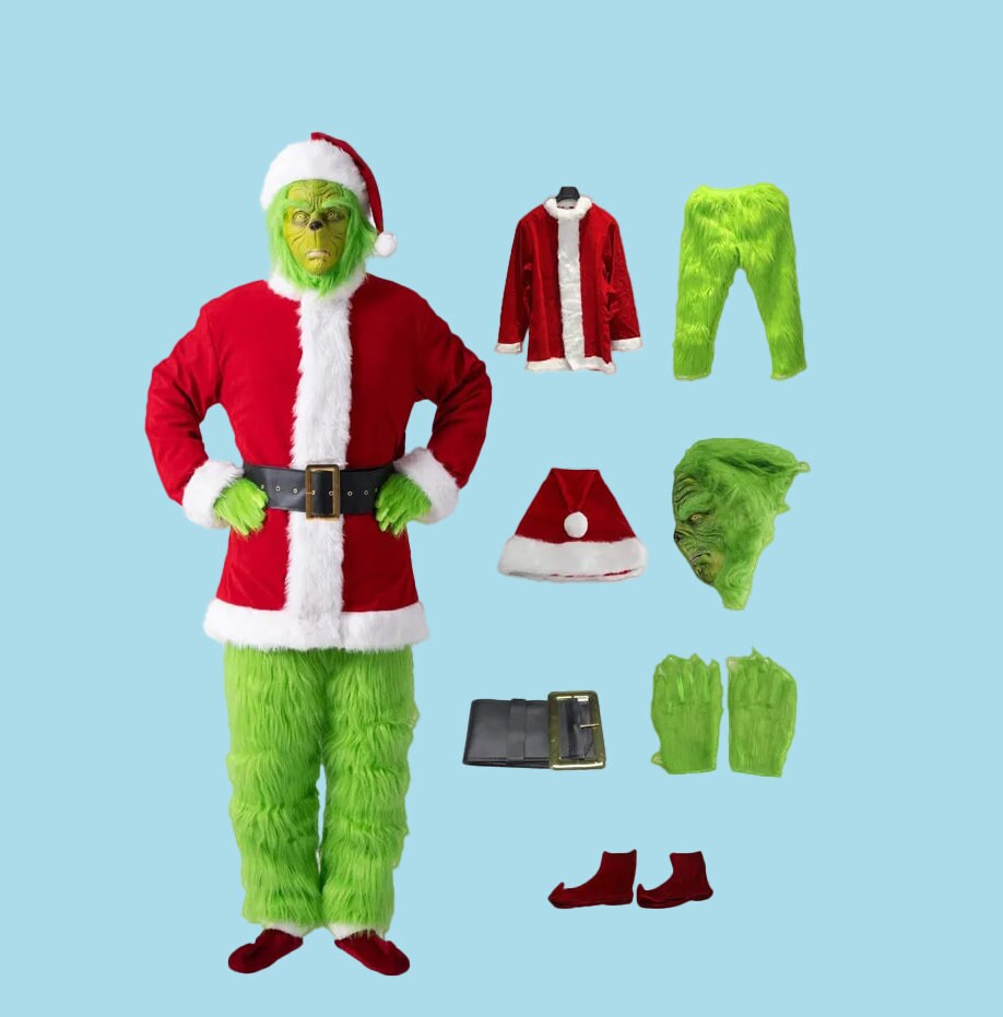 Christmas Adult Grinch Costume Kids Santa Claus Costume Men And Women 7 Pcs  Costume Set Including Mask_y