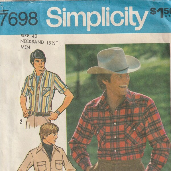 Vintage Simplicity 7698 Original 1970s Men's Western Shirt Sewing Pattern - Size 40