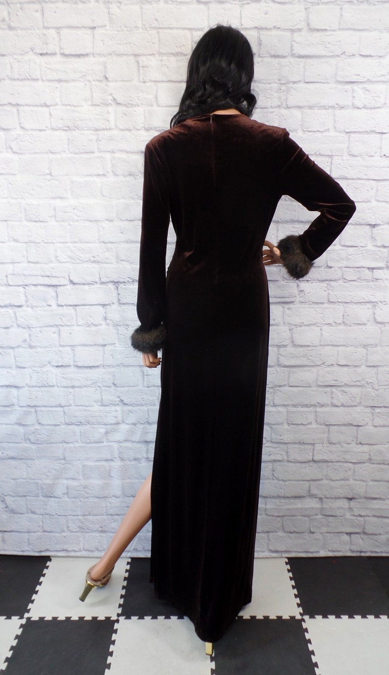 Vintage 1990s Dark Brown Velvet Velour Slinky Faux Fur Trimmed Maxi Dress by Cachet BIN D-10 Small