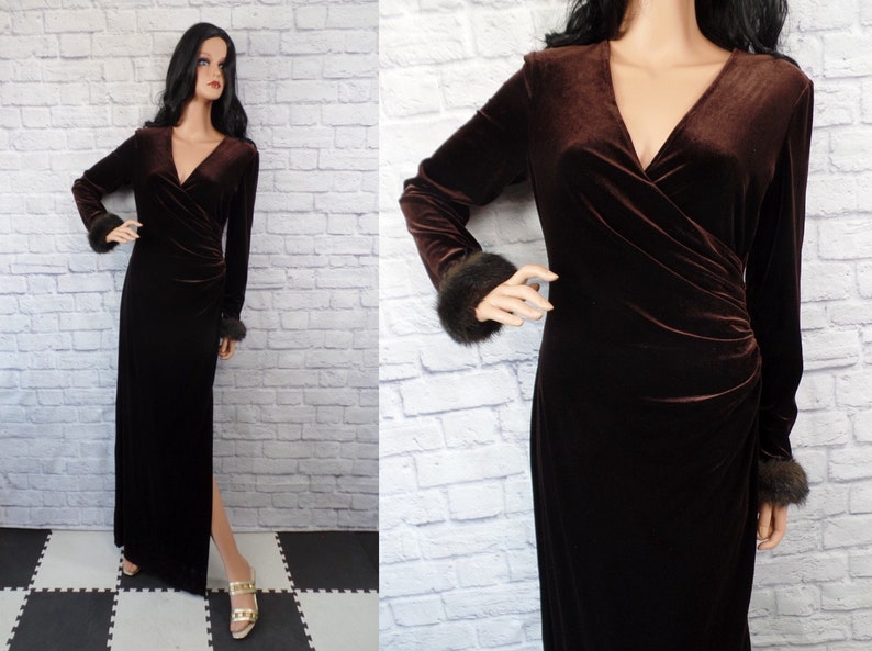 Vintage 1990s Dark Brown Velvet Velour Slinky Faux Fur Trimmed Maxi Dress by Cachet BIN D-10 Small