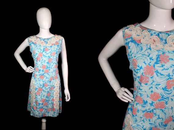 Vintage 1960s Light Blue Floral Cotton Day Dress -