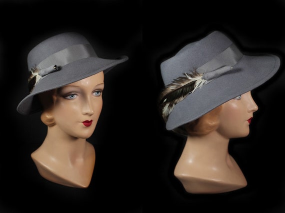 Vintage 1970s Gray Wool Women's Fedora Hat With Fe