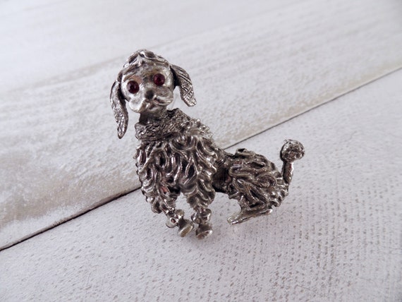 Vintage 1950s Mid Century Silver Metal Poodle Broo
