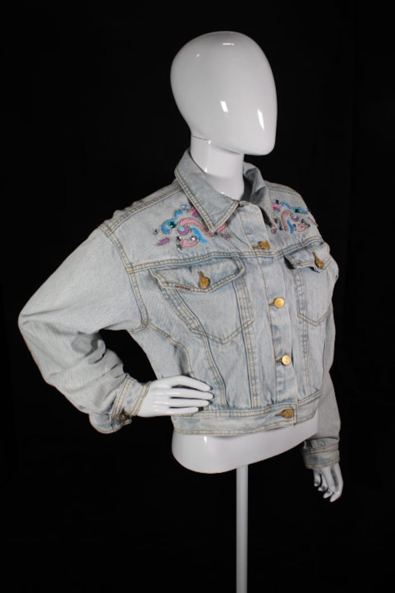 Small Vintage 1980s Dakota Blue Bedazzled Acid Wash Denim Jacket BIN D-09