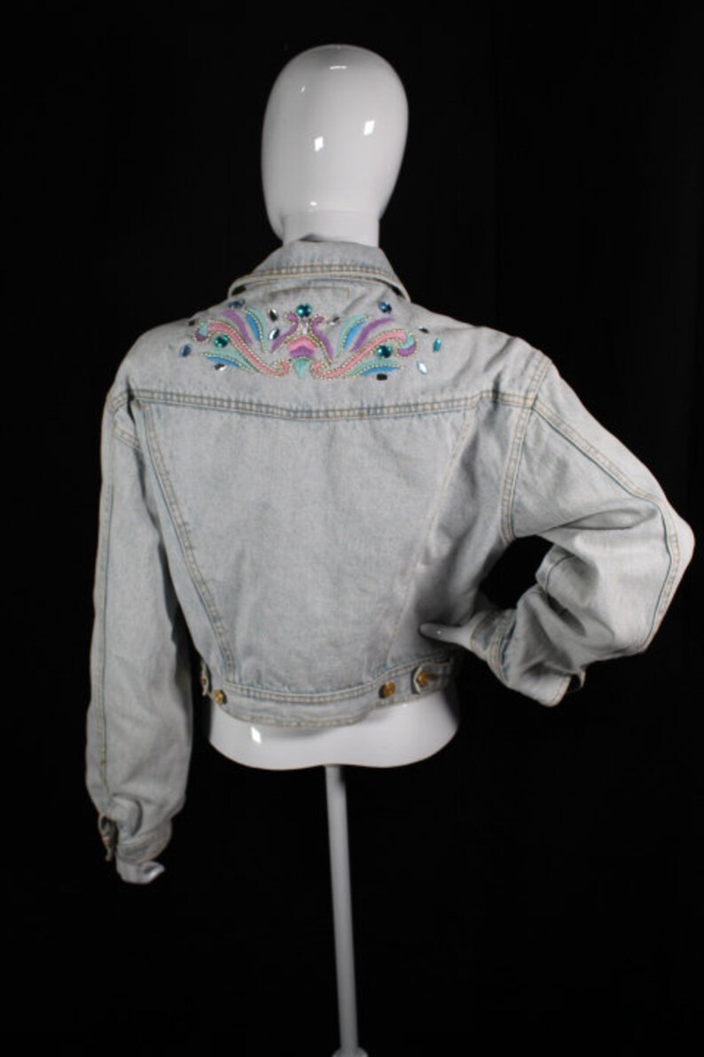Small Vintage 1980s Dakota Blue Bedazzled Acid Wash Denim Jacket BIN D-09