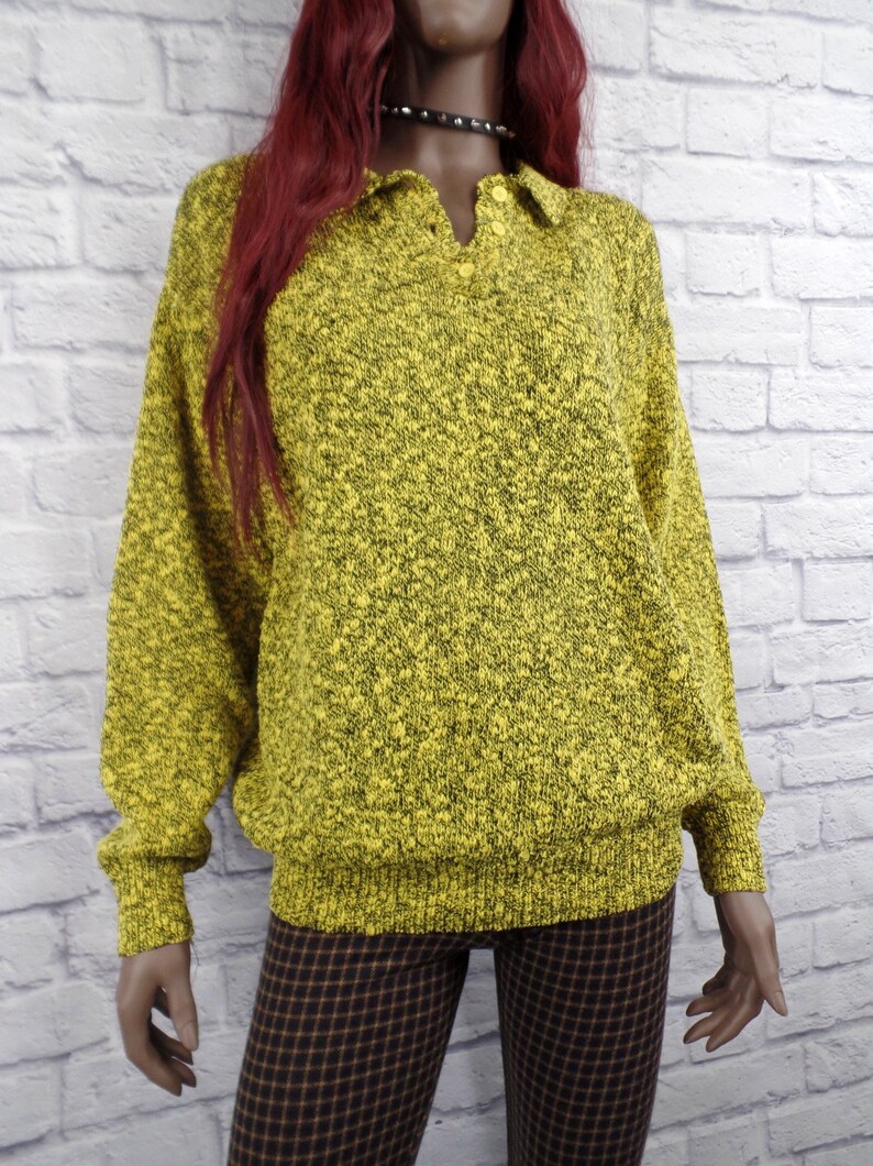 Vintage 1980s Yellow /& Black LECRIVAIN Collared Baggy Pullover Sweater ML BIN D-04