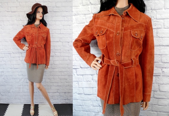Vintage 1970s Burnt Orange Suede Boho Belted Leath