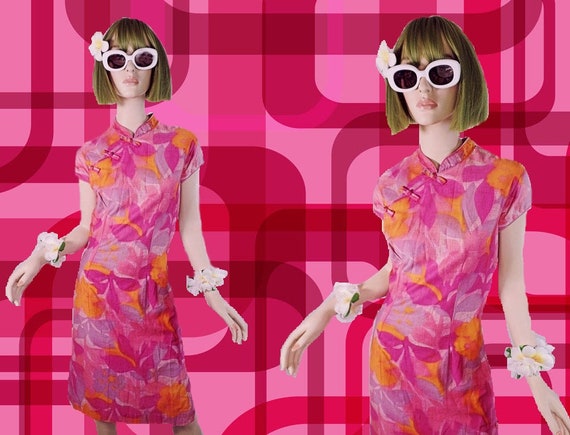 Vintage 1960s Pink Floral Hawaiian Cheongsam Dress