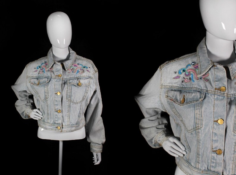 Small Vintage 1980s Dakota Blue Bedazzled Acid Wash Denim Jacket BIN D-09