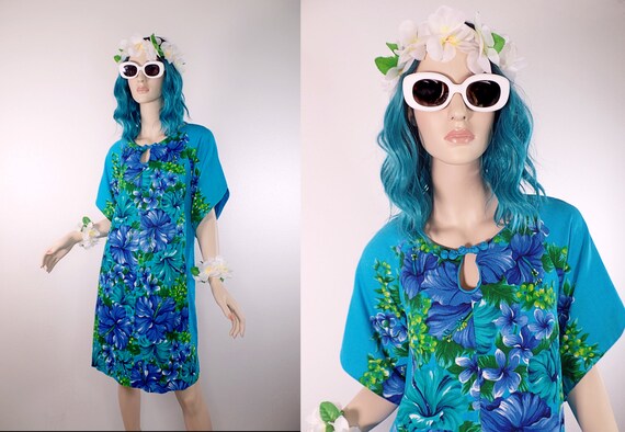 Vintage 1960s Blue Floral Hawaiian Togs Mini Pake