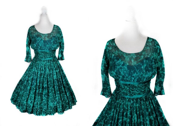 Vintage 1950s Emerald Green Silk Chiffon Floral Fi