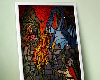 Fire Breathing Dragon - Glicee Art Print | Wall Decor | Surreal Stained Glass Wall Art