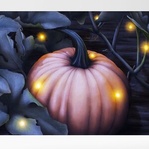 May include: A pale pink pumpkin with glowing lights inside sits in a dark, leafy setting. The pumpkin is surrounded by dark green leaves and vines with glowing lights.