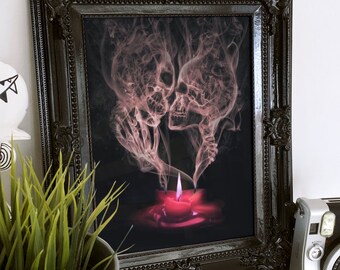 Skeletons in Love - Glicee Art Print | Candle Smoke Skulls Wall Decor | Surreal Wall Art