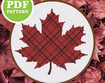 Plaid Maple Leaf Cross Stitch Pattern PDF | Autumn Stitch Download