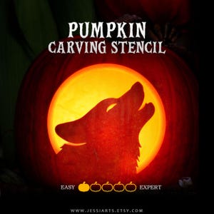 May include: A carved orange pumpkin featuring a silhouette of a howling wolf against a bright yellow circular background. The text PUMPKIN CARVING STENCIL appears at the top, with a difficulty scale labeled EASY to EXPERT at the bottom.