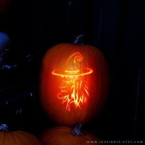 Printable Witch Pumpkin Carving Stencil | Halloween Pumpkin Carving Template | Witch Jack-o ...