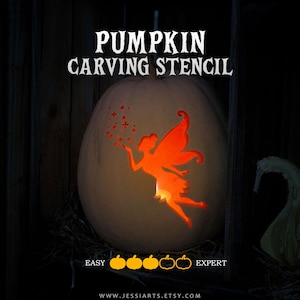 May include: A light-colored pumpkin featuring a carved silhouette of a fairy blowing sparkles. The text PUMPKIN CARVING STENCIL appears above, with a difficulty scale of three filled and two empty pumpkin icons labeled EASY to EXPERT below.