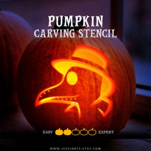 May include: A carved orange pumpkin featuring a glowing plague doctor mask design. The text PUMPKIN CARVING STENCIL appears at the top, with a difficulty scale of five pumpkin icons at the bottom, and the URL WWW.JESSIARTS.ETSY.COM at the base.
