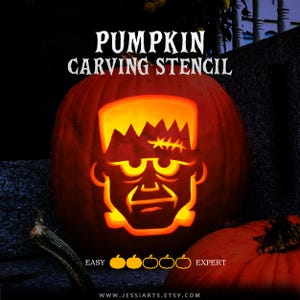 May include: A carved orange pumpkin featuring a glowing Frankenstein monster face design. The text PUMPKIN CARVING STENCIL appears at the top, with a difficulty scale from EASY to EXPERT and the URL WWW.JESSIARTS.ETSY.COM at the bottom.