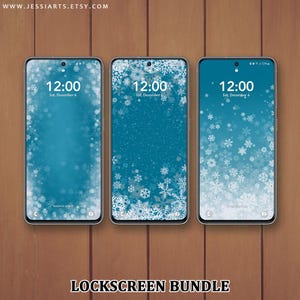 May include: Three smartphones displaying winter-themed lock screens. Each screen features a blue background with white snowflake patterns. The time is 12:00, and the date is Saturday, December 6. The text "LOCKSCREEN BUNDLE" is at the bottom.