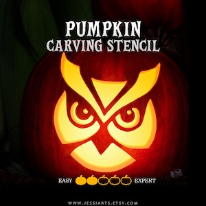 May include: A carved orange pumpkin illuminated from within, displaying a glowing yellow owl face design. The text PUMPKIN CARVING STENCIL appears at the top, with EASY and EXPERT labels flanking a row of five pumpkin icons at the bottom.