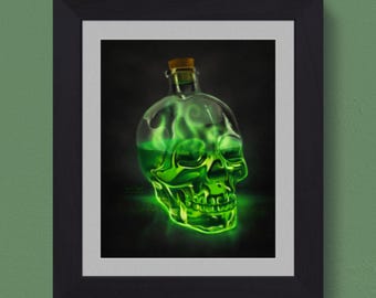 Skull Bottle Art Print: Spooky Gothic Home Decor