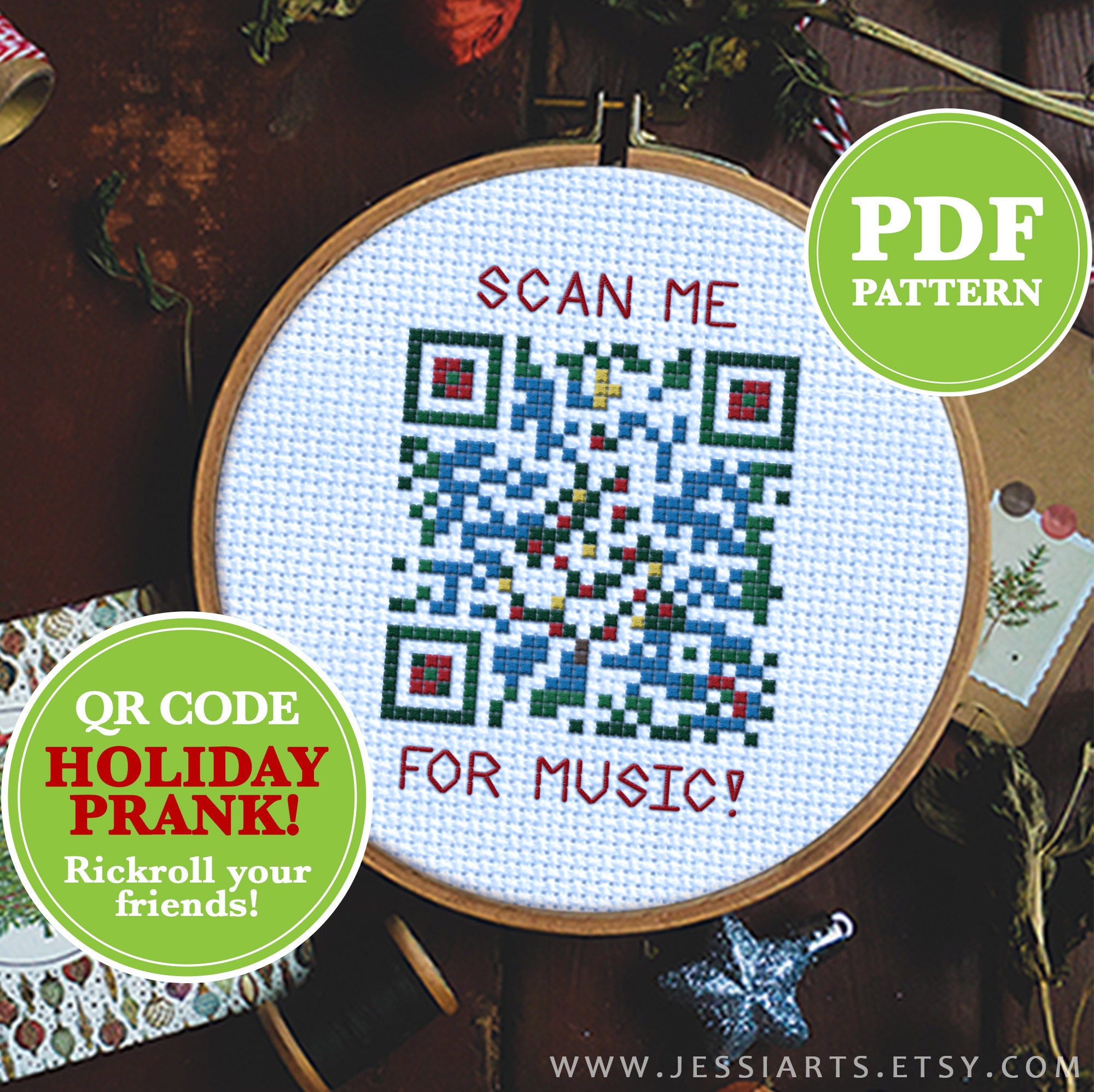 Rick Roll funny prank Video link readable QR Code 3x3 pattern white blue |  Postcard