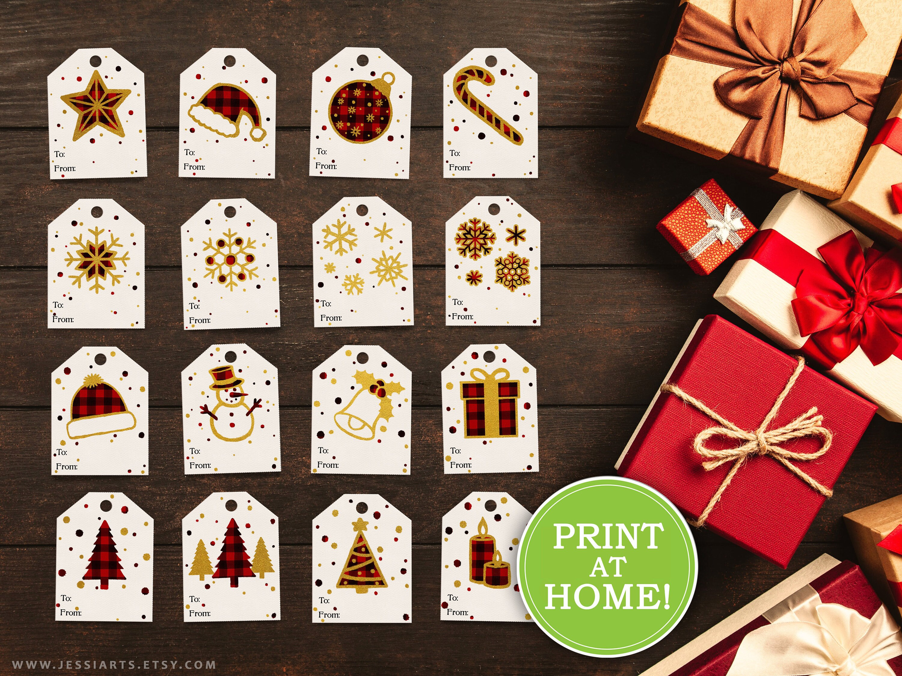 red check & gold christmas gift tags | printable holiday tags