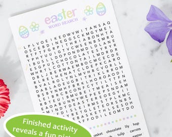 Puede incluir: Un rompecabezas de búsqueda de palabras de Pascua imprimible con un borde verde y las palabras "Easter Word Search" en la parte superior. El rompecabezas presenta una variedad de palabras relacionadas con la Pascua, como "cesta", "chocolate", "lirio", "salto", "nick", "cordero", "tulipán", "zanahorias", "conejo", "caramelo", "caza" y "Pascua".