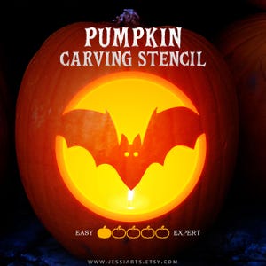 May include: An orange pumpkin with a carved bat silhouette centered in a glowing yellow circle. The text PUMPKIN CARVING STENCIL appears at the top. Below the bat, a difficulty scale shows one filled pumpkin icon out of five, labeled EASY to EXPERT.