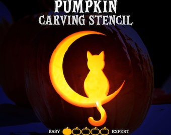 May include: A carved pumpkin featuring a glowing silhouette of a cat sitting on a crescent moon. The text PUMPKIN CARVING STENCIL appears at the top, with a difficulty scale labeled EASY to EXPERT using five pumpkin icons, one highlighted.