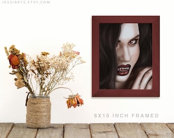 Framed Vampire Lady Art Print: Gothic Home Decor