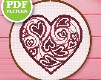 Heart Swirls Cross Stitch Pattern PDF | Swirly Hearts Valentines Cross Stitch Download