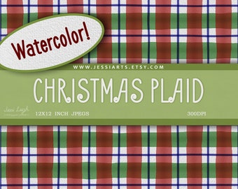 Watercolor Plaid Pattern Digital Paper | Red, Green & Blue Plaid Scrapbook Paper Digital | Printable Plaid Paper