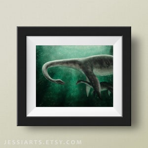 Loch Ness Monster- Glicee Art Print | Nessie and Baby Watercolor Wall Decor | Cryptid Wall Art