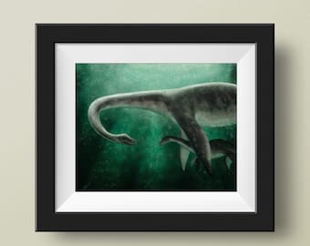 Nessie and Baby Watercolor Art Print: Loch Ness Monster Wall Decor