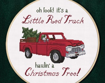 Little Red Truck Hauling a Christmas Tree Cross Stitch Pattern PDF | Holiday Stitch Download