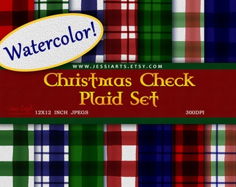 Christmas Check Plaid Pattern Digital Paper | Watercolor Buffalo Plaid Scrapbook Paper Digital | Printable Plaid Paper