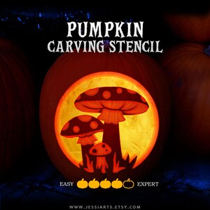 May include: A carved orange pumpkin featuring a circular cutout with a glowing mushroom design. The text PUMPKIN CARVING STENCIL appears at the top, with a difficulty scale of four filled pumpkin icons and one empty icon labelled EASY to EXPERT.