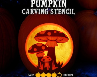 May include: A carved orange pumpkin featuring a circular cutout with a glowing mushroom design. The text PUMPKIN CARVING STENCIL appears at the top, with a difficulty scale of four filled pumpkin icons and one empty icon labeled EASY to EXPERT.