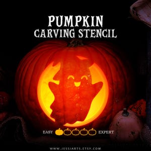 May include: A bright orange pumpkin with a carved ghost design illuminated from within. The text PUMPKIN CARVING STENCIL appears at the top, with a difficulty scale featuring five pumpkin icons labeled EASY and EXPERT at the bottom.