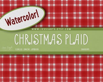 Watercolor Plaid Pattern Digital Paper | Red Plaid Scrapbook Paper Digital | Printable Plaid Paper